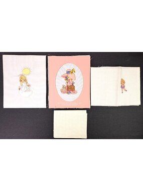 Vintage Precious Moments Embroidered Fabric Panel Cross-Stitch Finished Lot Of 3